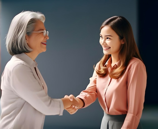 Chica asiática estrechando la mano de una mujer mayor