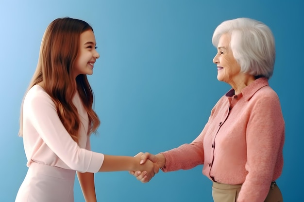 Chica asiática estrechando la mano de una mujer mayor