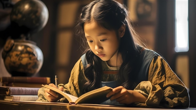 Una chica asiática estudiando atentamente sus ojos se centraron en un libro con determinación. Concepto de regreso a la escuela.