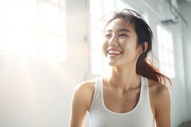 Chica asiática feliz haciendo ejercicio en camiseta blanca