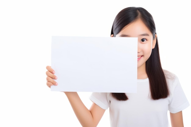 Una chica asiática feliz con una pancarta blanca en blanco es un retrato de estudio aislado.