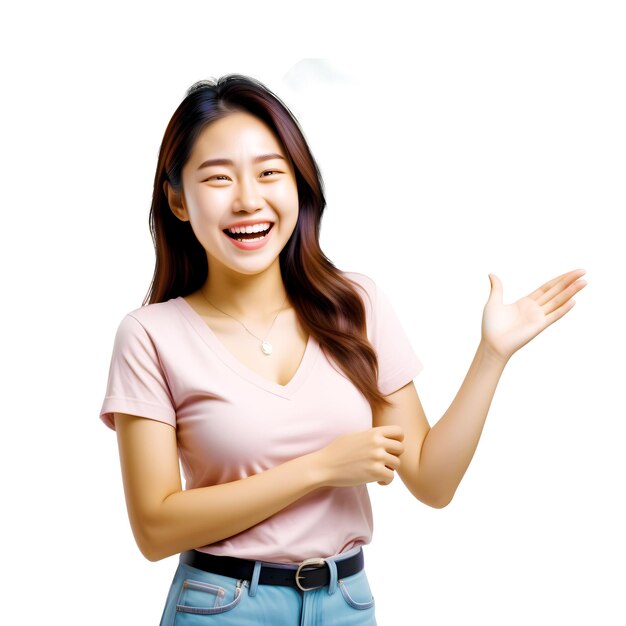 una chica asiática feliz y riente con un cuello rosado