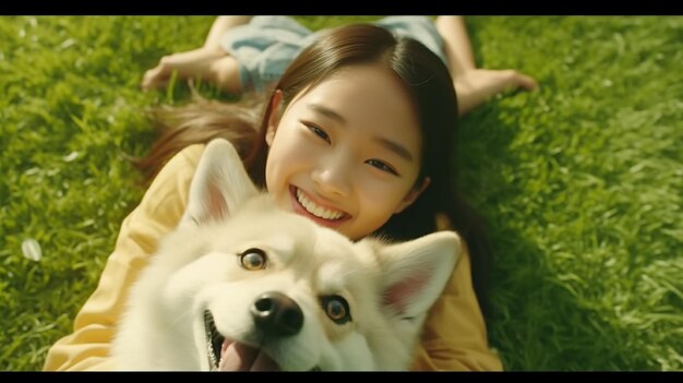 Chica asiática feliz con su retrato de perrito tumbado en el césped