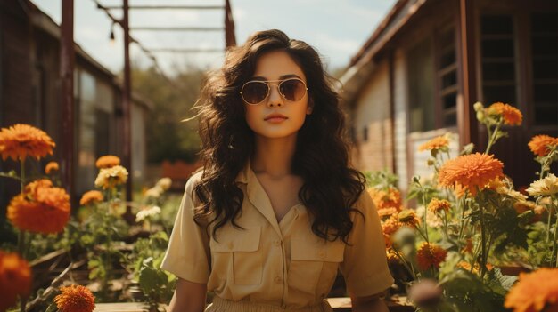 chica asiática con gafas de sol en el jardín