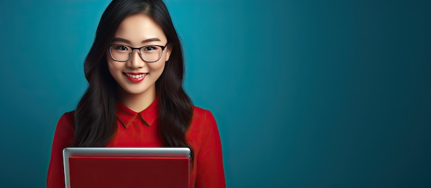 Chica asiática gordita con una camisa roja en una oficina sosteniendo una tableta sonriendo frente a un fondo azul