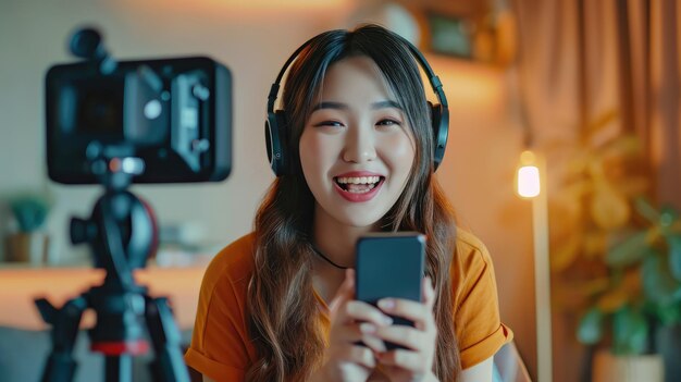 Foto una chica asiática linda sonriendo en la sala de música