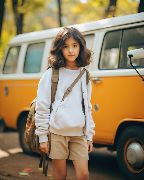 Chica asiática linda y sonriente de pie cerca del autobús escolar amarillo al aire libre IA generativa