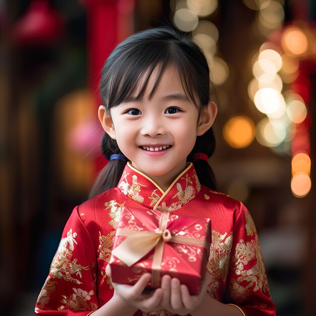 Una chica asiática linda sosteniendo una gran pared de regalos rojos en ropa tradicional