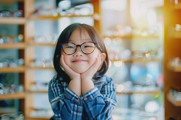 Foto una chica asiática linda en una tienda de gafas con gafas.