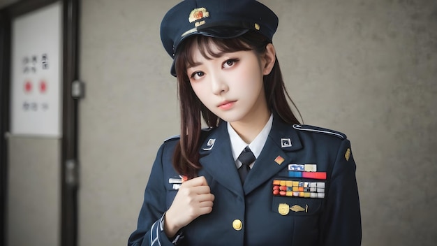 Chica asiática linda con traje militar en el fondo
