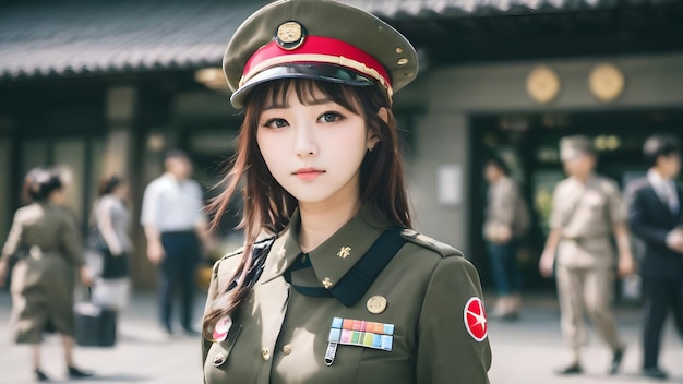 Chica asiática linda con traje militar en el fondo