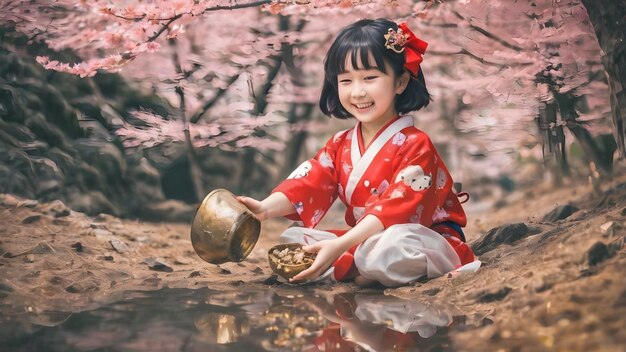 Una chica asiática linda con un trasfondo de tesoro
