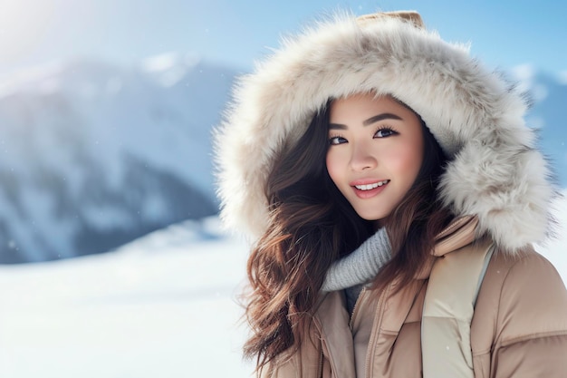 Chica asiática linda de vacaciones en un complejo relajante en invierno