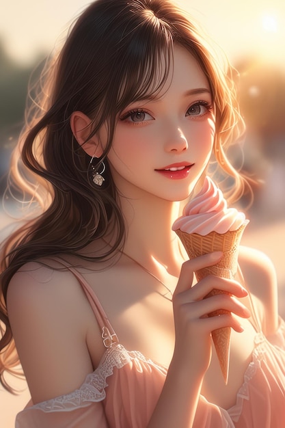 Una chica asiática con ojos grandes come helado al estilo de anime Orientación vertical