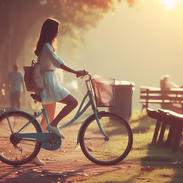 Foto chica asiática en el parque en bicicleta