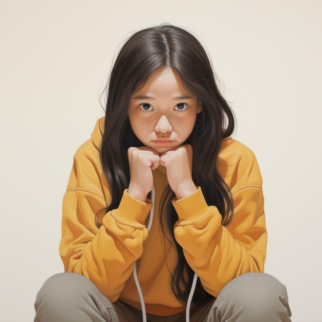 Chica asiática en pensamiento y dudas ilustración realista Personaje de mujer joven con cara de ensueño sobre fondo abstracto Ai generó un cartel colorido brillante