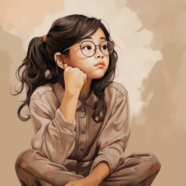 Chica asiática pensando y dudando ilustración pintada al óleo Personaje de mujer joven con rostro soñador sobre fondo abstracto Ai generó un cartel acrílico colorido dibujado brillante