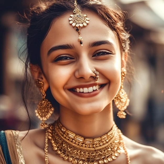 Una chica asiática con un rostro hermoso en un sari y joyas en un fondo borroso