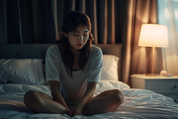 Una chica asiática se siente triste y sola en el dormitorio bajo una luz tenue.