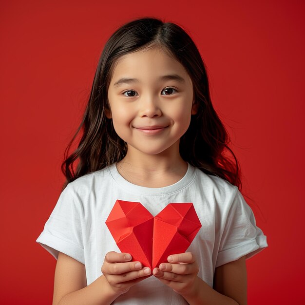 La chica asiática tiene una foto de retrato de corazón de papel