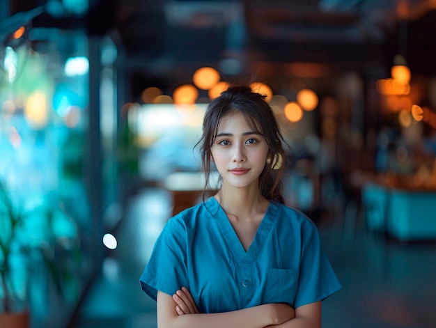 Foto chica asiática en uniforme médico en el hospital generativo ai