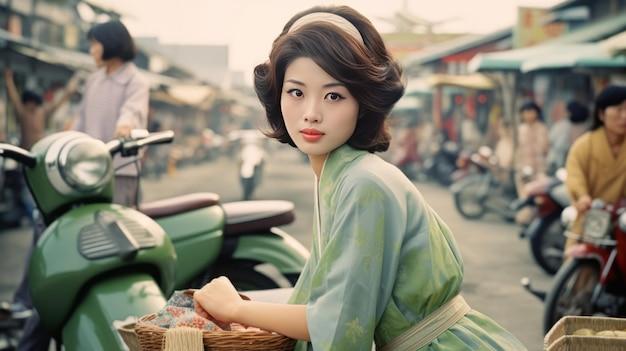 chica asiática vintage con scooter en el mercado con un ao dai verde pálido