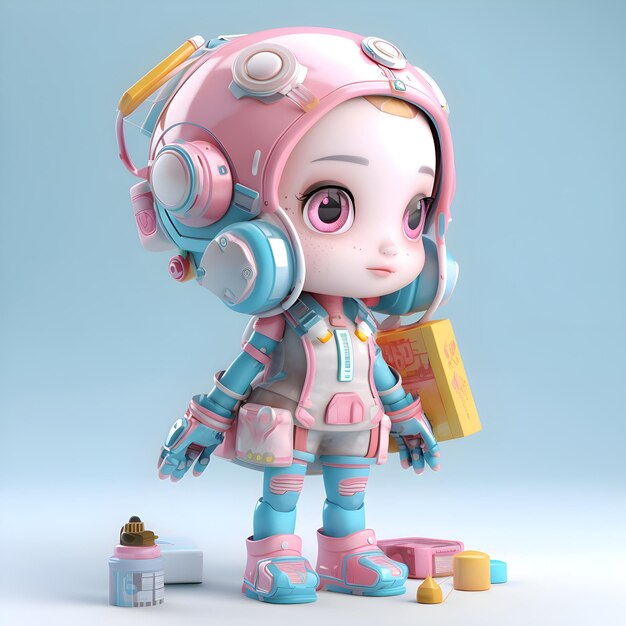 Foto chica astronauta con una caja de juguetes renderizado 3d