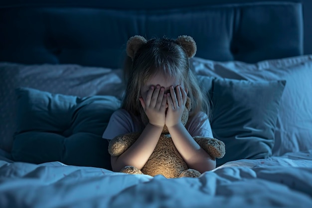 Una chica asustada sentada en la cama incapaz de dormir.