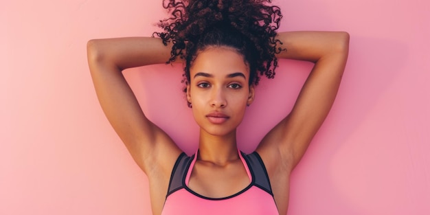 Una chica atlética deportiva está de pie contra una pared rosada IA generativa