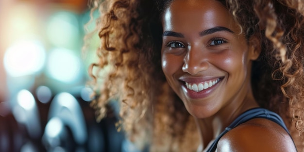 Chica atlética, deportiva y sana sonriendo de pie en el gimnasio IA generativa