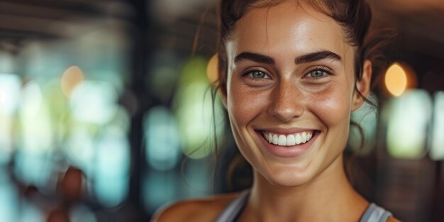 Chica atlética, deportiva y sana sonriendo de pie en el gimnasio IA generativa