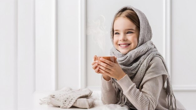 Chica atractiva y alegre con una bufanda acogedora sosteniendo una taza con una bebida caliente mirando alegremente lejos sobre el blanco