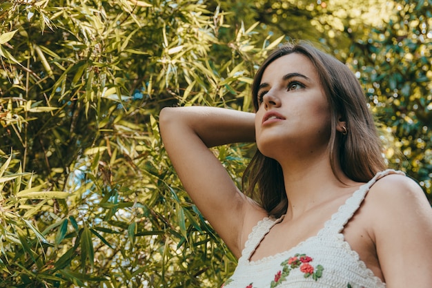 Chica atractiva con cabello largo castaño tocando y mirando las hojas de un árbol