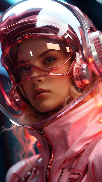 Una chica atractiva con un casco de astronauta y un traje espacial. retrato de ai