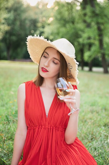 Chica atractiva joven en un picnic en un parque de la ciudad.