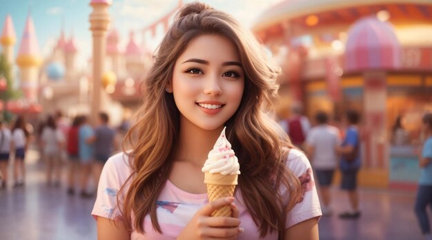 Chica atractiva realista disfrutando de un helado en el fondo del parque temático borroso por AI generativa