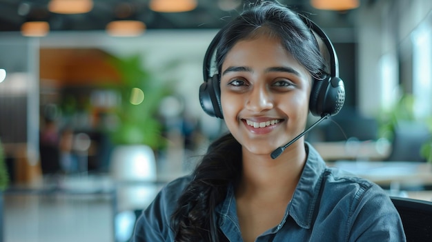 una chica con un auricular que dice sonrisa