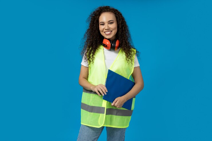 Una chica con auriculares absorbentes de ruido y una carpeta sobre un fondo azul