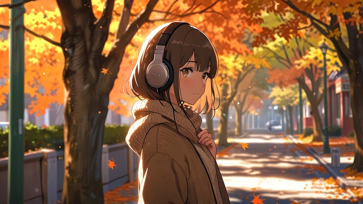 una chica con auriculares y un árbol en el fondo