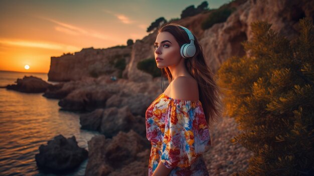 Una chica con auriculares blancos se para en un acantilado y mira la puesta de sol.