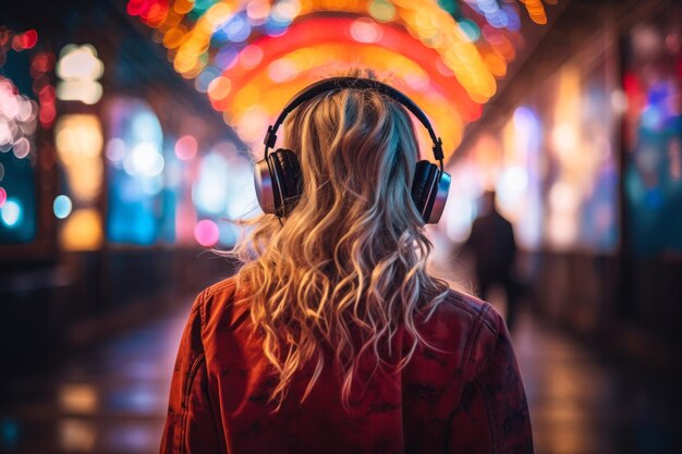 chica con auriculares en la ciudad de noche vista posterior ai generativa