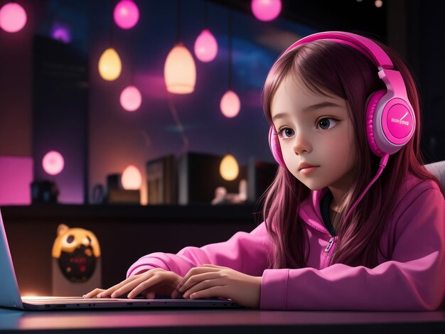 chica con auriculares y una computadora portátil