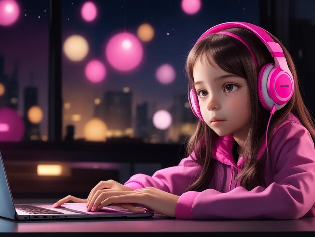 chica con auriculares y una computadora portátil