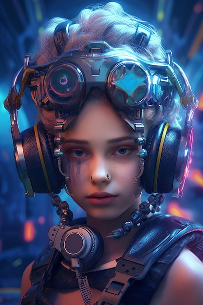 Chica con auriculares Cyber Kidz Chica genial Niño Techno Arte de portada con vibraciones futuristas