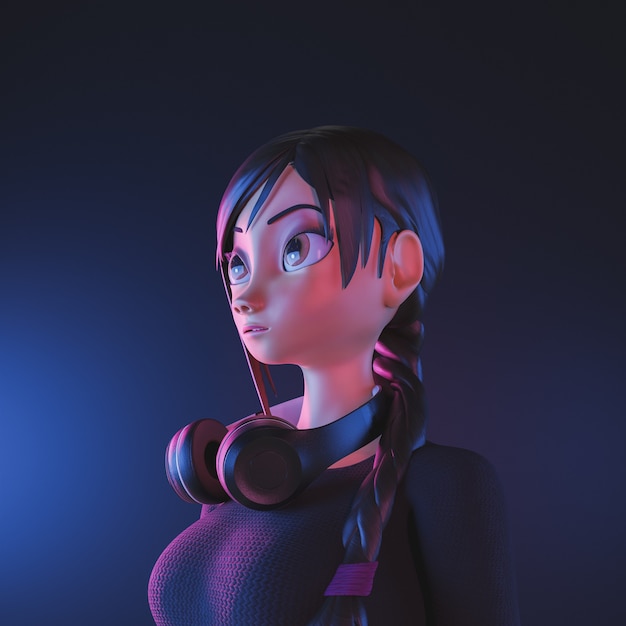 chica con auriculares e iluminación de neón estilizada personaje 3d