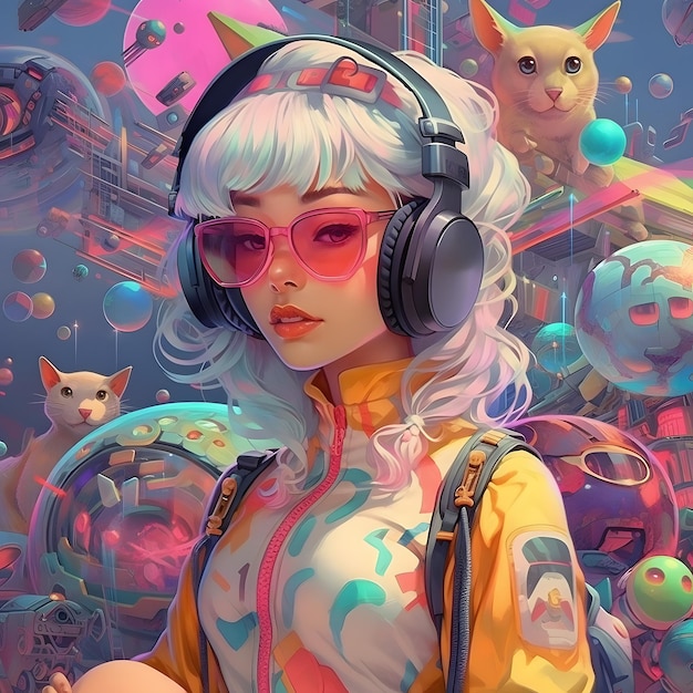 Una chica con auriculares y un gato en el fondo.