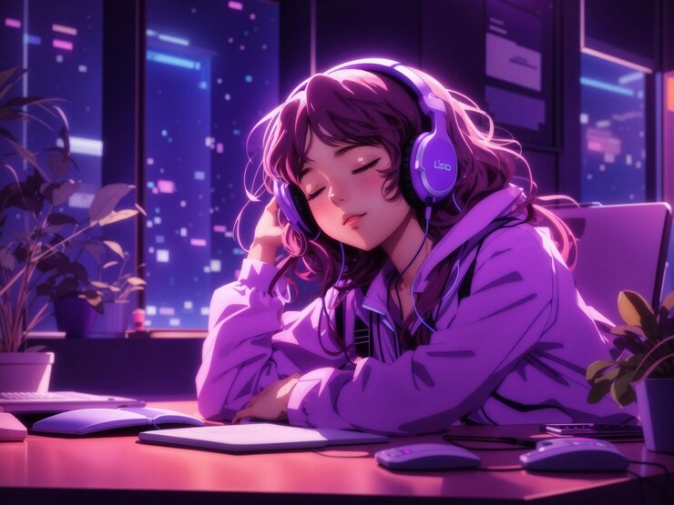 una chica con auriculares y un libro con estilo de música lofi