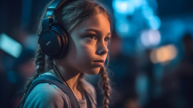 Una chica con auriculares y mirando a la cámara.