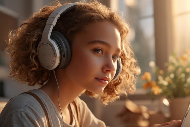 una chica con auriculares y un par de auriculares