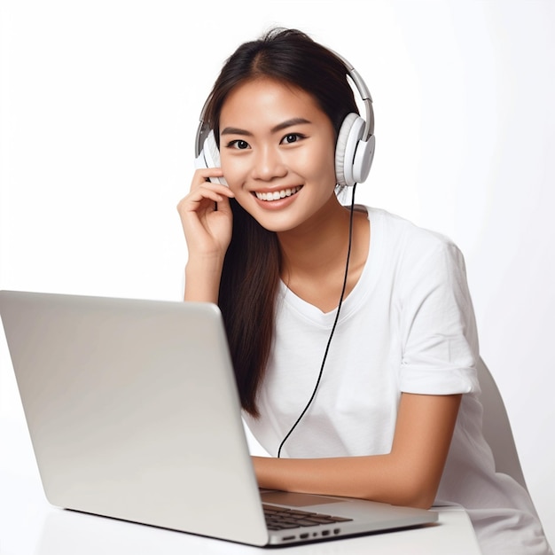 Una chica con auriculares y un portátil de fondo blanco.